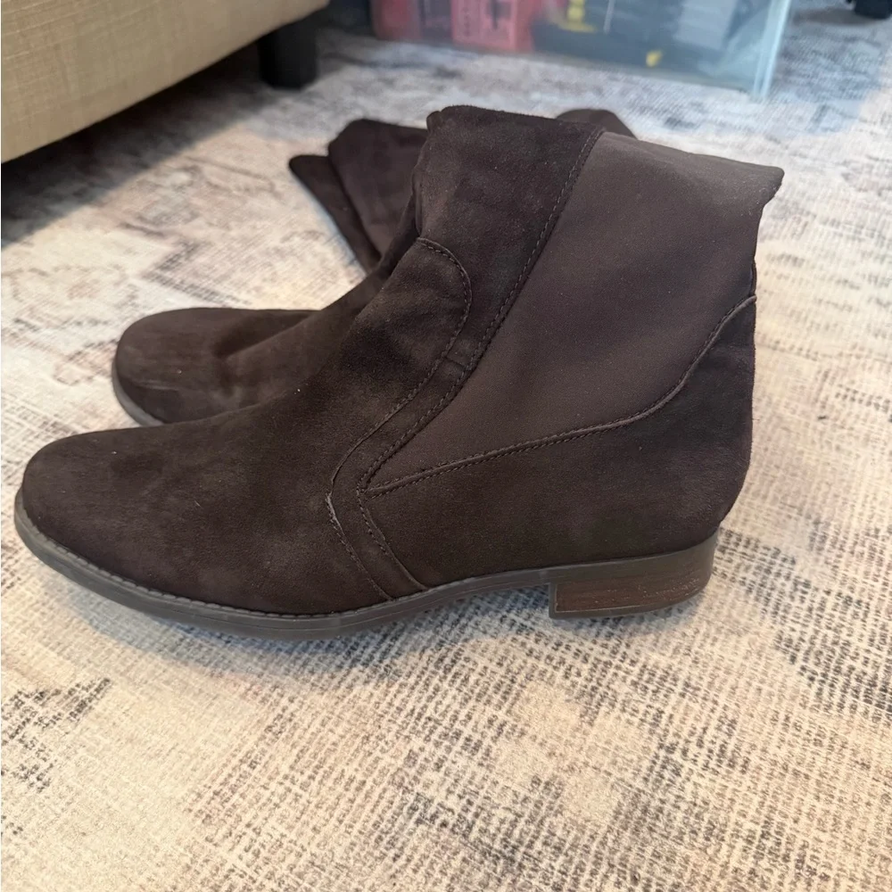 AUDREY BROOKE TAMELA OTK BOOTS 7.5 DARK BROWN SUEDE AND STRETCH 50/50 ($179)